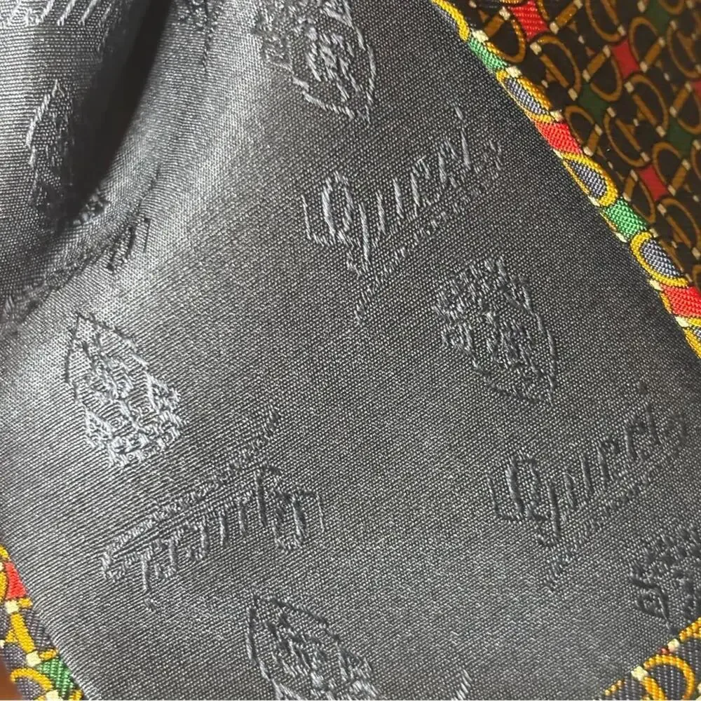 Vintage Gucci Silk Tie Italy Horsebit Stirrup Print Navy Red Green Equestrian